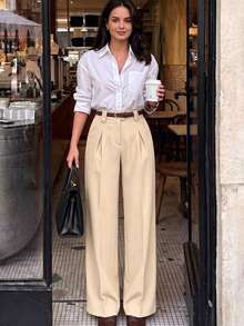 Pantalones de traje para mujer elegantes y casuales de otoño con cintura alta, pierna ancha plisada, detalle de botones dorados, bolsillos laterales, corte holgado, outfit para brunch, ciudad, trayecto al trabajo y día laboral - Albaricoque - Ver 1