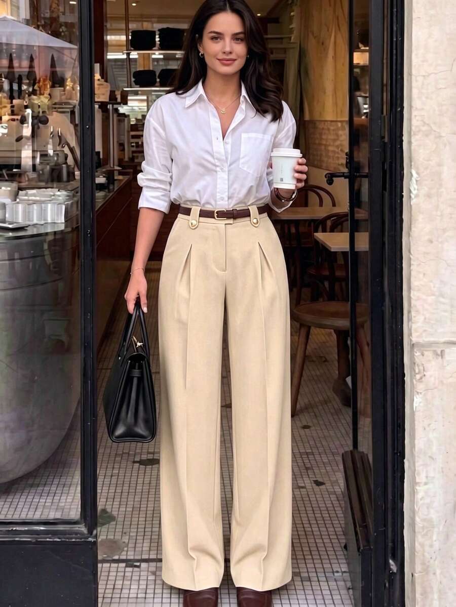 Pantalones de traje para mujer elegantes y casuales de otoño con cintura alta, pierna ancha plisada, detalle de botones dorados, bolsillos laterales, corte holgado, outfit para brunch, ciudad, trayecto al trabajo y día laboral - Albaricoque - Ver 1