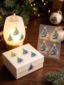 1pc Blue & Gold Christmas Tree Pattern Decorative Sticker With Tweezers, Featuring "Merry Christmas" Text, Adhesive Backing Design, Suitable For Water Cups, Gift Boxes, Containers, Books Surface Decoration - Christmas Style - View 1