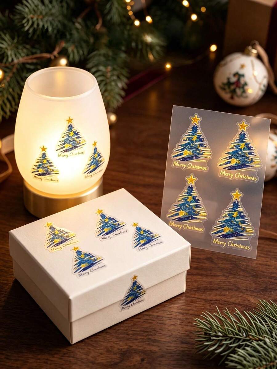 1pc Blue & Gold Christmas Tree Pattern Decorative Sticker With Tweezers, Featuring "Merry Christmas" Text, Adhesive Backing Design, Suitable For Water Cups, Gift Boxes, Containers, Books Surface Decoration - Christmas Style - View 1
