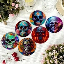 Halloween Skeleton Coaster Set, Dark Style Printed Round Heat-Resistant Pads, Party Tabletop Atmosphere Decor, Creative Halloween Gift - PET Coaster-2763 - View 4