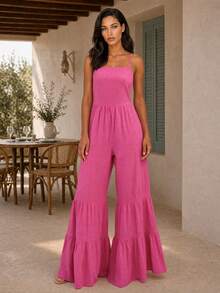 Dancing Leopard Rosa bandeau jumpsuit med vida ben, avtagbar axelrem och rynkade ben, semesteroutfit - Skrikrosa - Visa 1