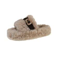 Women's Plush One-Strap Slides, Metal Buckle PU Leather Strap Open Toe Fluffy Thick Sole Warm Indoor Outdoor Slippers For Autumn Winter - Beige - View 7