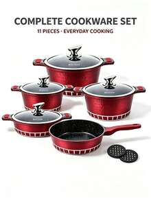 11PCS & 7PCS Red Non-Stick Cookware Set,  Kitchen Cooking Pots And Pans Set With Glass Lids,Durable Non-Stick Pan, Durable And Easy To Clean,Kitchen Cookware, Diamond Texture, Induction Compatible For Home Cooking - View 4
