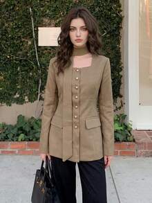 Old Money Vintage Button-Front Slim Fit Blazer, Elegant Square Neck Scarf Decor Long Sleeve Shirt, Suitable For Formal Business Occasions And Parties - Khaki - View 10