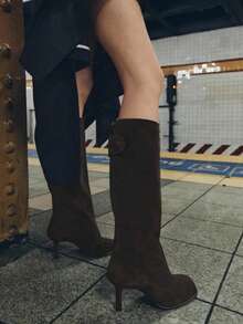 New Pointed Toe High Heel Tall Boots Vintage Style Wide Shaft Knee-High Stiletto Heel Riding Boots - Brown - View 2