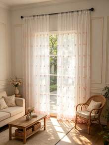 1pc Rod-Pocket Pastoral Style Embroidered Sheer Curtain With Delicate Ditsy Floral Pattern, Milk Silk Fabric, For Living Room, Kitchen, Bathroom - Pink - View 1