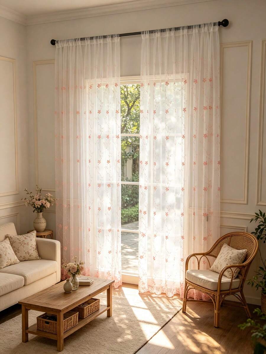 1pc Rod-Pocket Pastoral Style Embroidered Sheer Curtain With Delicate Ditsy Floral Pattern, Milk Silk Fabric, For Living Room, Kitchen, Bathroom - Pink - View 1