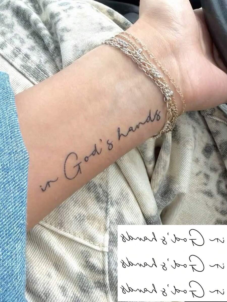 1 Sheet Handwritten Quote Wrist Temporary Tattoo Stickers, Thin Casual Script "In God's Hands" Fake Tattoos, Minimal Faith Body Art For Women, Waterproof Wrist Decor - Black - View 1