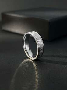 Minimalist Retro Men Ring, Polished Stainless Steel, Band With Roman Numeral Engraving, Jewelry For Men Daily Wear - Silver - View 3
