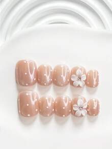 10片裝秋季極簡手工穿戴甲，波點花卉白色 Poly Gel 美甲套組，可愛風格，含美甲工具，3種尺寸可選，方型/短方型/杏仁形，適合派對、跳舞、日常配戴（手工細節可能有所不同） - 彩色 - 查看 20