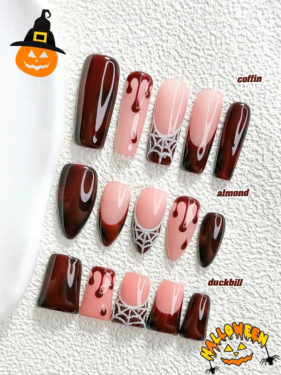 萬聖節主題 10片血紅色哥德風手工穿戴甲 Polygel美甲套組 蜘蛛網紅指甲油 陰森秋季風格 3種尺寸可選 杏仁/鴨嘴/棺材形狀 適合派對、舞會、日常佩戴(手工細節可能有所不同) - 彩色 - 查看 1