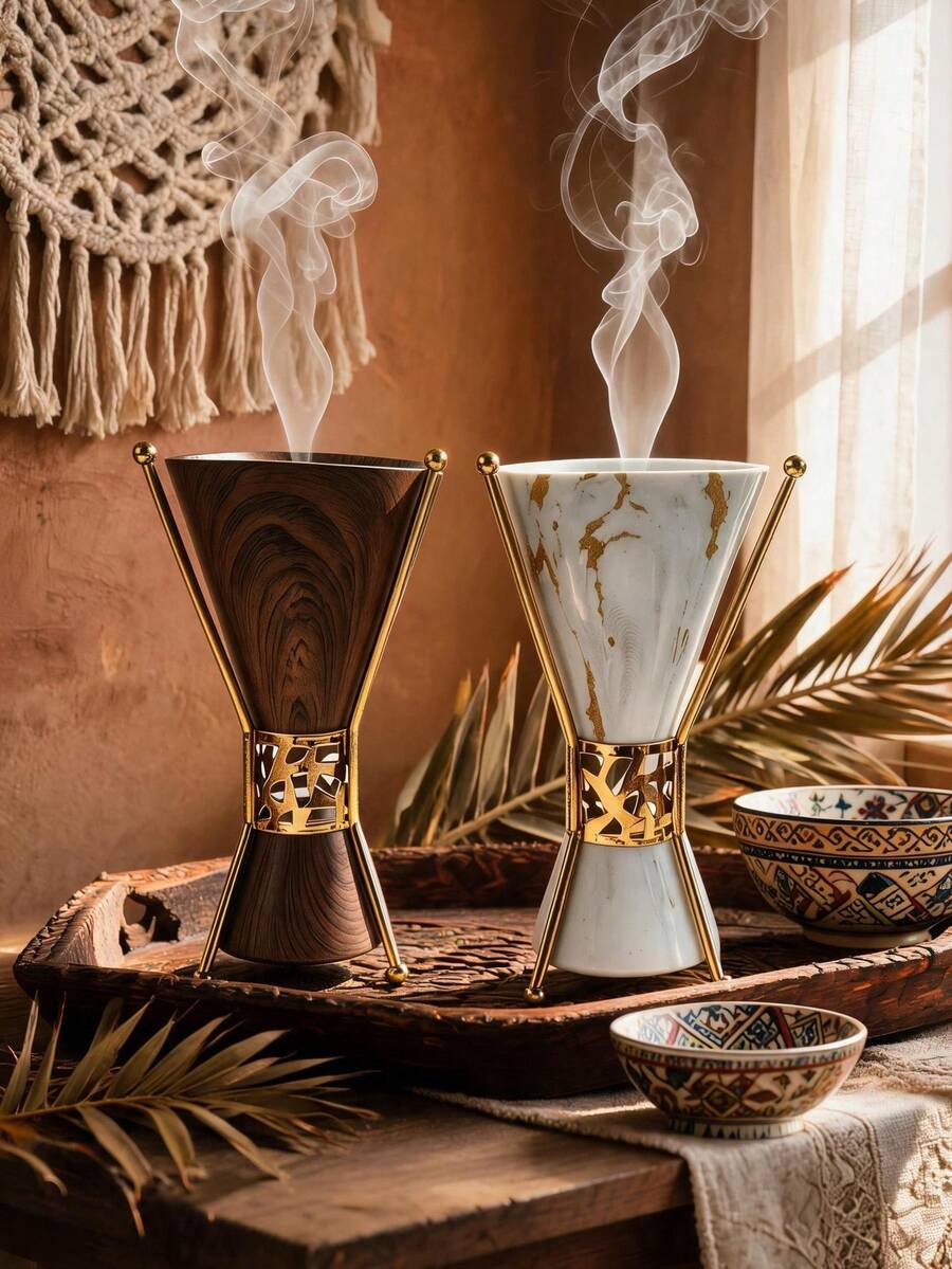 1pc Conical Metal Incense Burner With Delicate Wood Grain Texture. Sleek Minimalist Luxury Design. Builds Tranquil Aromatic Vibes For Home, Office, Yoga Spaces And Parties. Exquisite Craft, Tasteful Gift For All Occasions. - Incense Burner - View 1