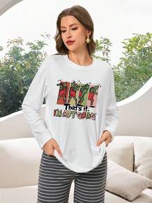 Women's Christmas Theme Cartoon Pattern Long Sleeve T-Shirt, Printed With "Just Like This, I'm Not Going" Text, Autumn/Winter Daily Home Base Layer, Suitable For Home Leisure And Outdoor Wear, Christmas Holiday Essential. - White - View 4