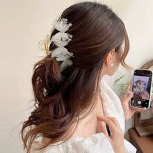1pc New Women's Mesh Pearl Butterfly Fairy Style Large Shark Hair Claw Clip Back Head Hair Bun Clip Sweet Hair Accessory, Suitable For Photography - White - View 3