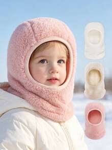 1件冬季保暖圓領帽，純色一體式抓絨面罩防寒，適合3-8歲男孩女孩 - 彩色 - 查看 2