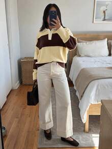 NOVELLE Women Loose Lagenlook Polo Neck Beige Brown Striped Fall Winter Knit Sweater For Date Party Daily Commute Outing Back To School - Multicolor - View 4