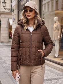 Women's Quilted Hooded Jacket Detachable Drawstring Hood Zip Front Regular Fit - Brown - View 2