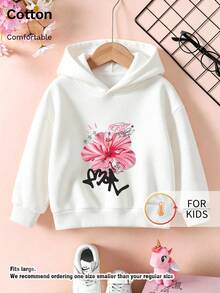 Kids Hooded Sweatshirt, Pink Hibiscus Flower Graffiti Star Graphic Print Thick Fleece Lined Pullover For Kids - White - View 9