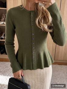 Atasan Sweater Rajut Bergaris Wanita dengan Kancing Depan dan Hiasan Ruffle, Lengan Panjang, Panjang Standar, Gaya Musim Gugur yang Modis - Dark Green - View 1