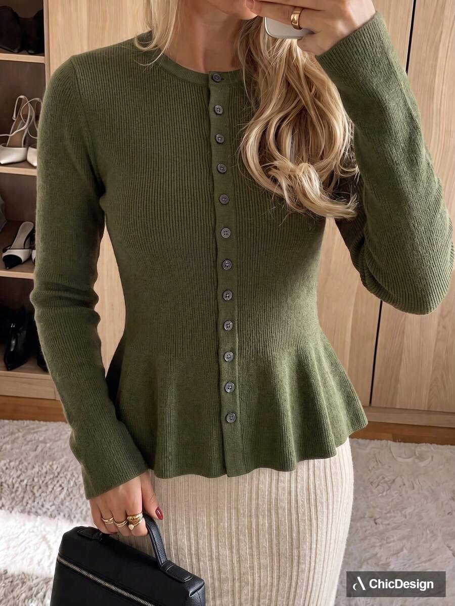 Atasan Sweater Rajut Bergaris Wanita dengan Kancing Depan dan Hiasan Ruffle, Lengan Panjang, Panjang Standar, Gaya Musim Gugur yang Modis - Dark Green - View 1