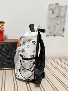 White Cute Baseball Panda Print Backpack, Drawstring Mesh Pocket Large Capacity Casual Daypack Lightweight Multi‑Pocket Rucksack For Teens Outdoor - Multicolor - View 3