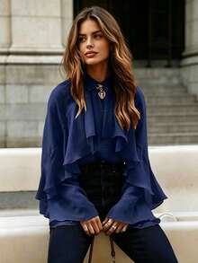 Spring/Autumn Ruffle Trim Chiffon Loose Blouse, Minimalist Date Style, Commute & Daily Wear - Dark Wash - View 2