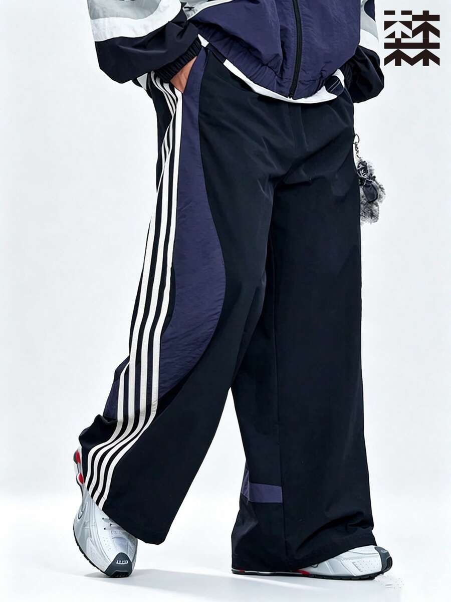 mulinsen Men's Colorblock Side Stripe Wide Leg Sweatpants, Drawstring Elastic Waist, Street Style Cool Long Pants - Black - View 1