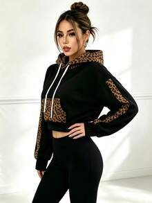 Leopard Print Patchwork Cropped Sweatshirt Long Sleeve Streetwear Sweatshirt - Black - View 2
