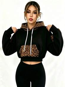 Leopard Print Patchwork Cropped Sweatshirt Long Sleeve Streetwear Sweatshirt - Black - View 4