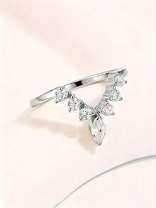 SYMFNY 1pc Elegant Crown V Shape 925 Sterling Silver Multi Clear Cubic Zirconia Open Ring For Ladies Bridal Party Birthday Jewelry Gift - Silver - View 3
