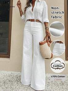Light Blue Washed Flare Wide Leg Jeans, Relaxed Fit Suitable For Daily Commute Casual White - White - View 1