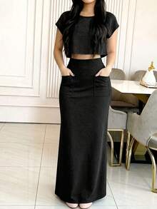Set 2 Potong Wanita Musim Semi dan Panas Atasan Kerah Bulat Lengan Cap Kasual Elegan Warna Polos & Rok Saku Hitam - Hitam - View 3