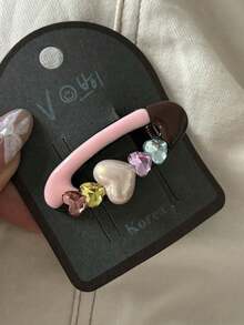 1pc Pink Heart-Shaped Hair Clip, Cute Girl Bangs Clip With Oil Painted Crystal Edge, Forehead Hair Accessory - Multicolor - View 3