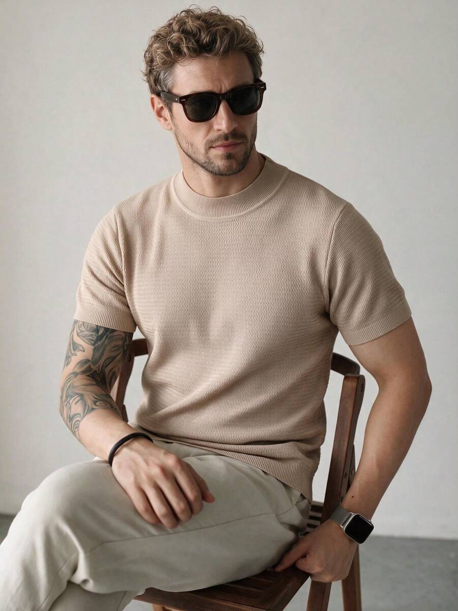 Men's Solid Color Turtleneck Textured Knit Sweater, Intarsia Pattern Short Sleeve T-Shirt, Casual Slim Fit Thin Lightweight Summer Pullover