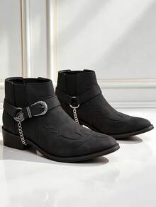 QRLQRL 1 Pair Men's Round Toe Mid-Calf Buckle Chain Embroidered PU Upper Rubber Sole Comfortable Casual Short Boots For Daily Wear - Black - View 2