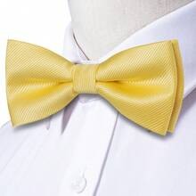 5Pcs Men Simple Solid Yellow Bow Tie Pocket Square Cufflinks Ring Boutonniere Set, Cufflinks Pattern Random For Wedding Business Party - Yellow - View 4