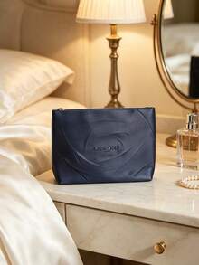 Lancôme Deep Blue Embossed Makeup Bag, Polyester Fabric, Debossed Logo, Lightweight Zipper, Portable Travel Toiletry Bag, Large Capacity Cosmetic Storage Bag, Elegant Luxury Women Gift - Dark Blue - View 9