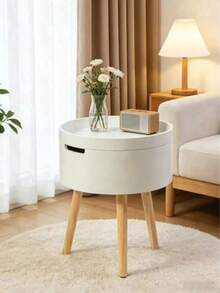 NEW Lightweight Compact White Round Bedside Table For Storage With Flap And Hidden Space, Side Table By The Bed On Stable Tripod Legs Made Of Natural Wood, - White - View 4