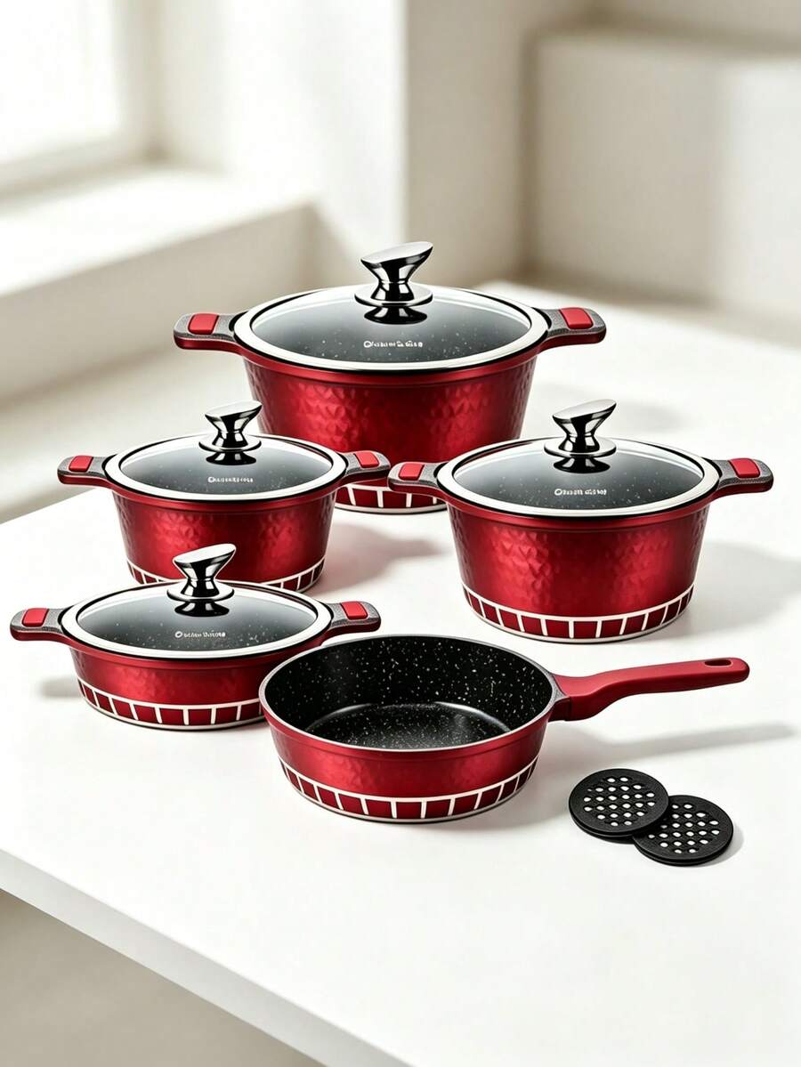 11PCS & 7PCS Red Non-Stick Cookware Set,  Kitchen Cooking Pots And Pans Set With Glass Lids,Durable Non-Stick Pan, Durable And Easy To Clean,Kitchen Cookware, Diamond Texture, Induction Compatible For Home Cooking - View 1
