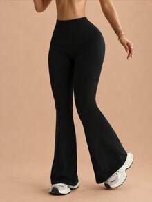 Women's Solid Color High Waist Casual Fitness Sports Flare Pants, Black - Black - View 5