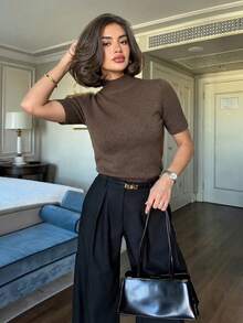 Women's Short Sleeve High Neck Sweater Autumn Regular Fit High Elasticity Top - Khaki - View 1