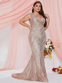 Plus Size Sexy Gold Sequin Deep V Neck Open Back Floor Length Party Ball Formal Evening Gown Dress - Gold - View 2