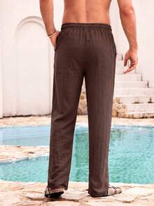 Mercer Haus Men's Brown Linen Long Pants Summer Vacation Style - Coffee Brown - View 2