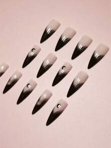 24pcs Dark Gothic Long Stiletto Fake Nails, Classic Black Shadow Moon Pattern, Cool Fashion, Suitable For Music Festival Carnival Party - Multicolor - View 3