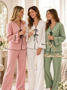 Personalized Bridesmaid Pajama Set, Custom Name Bow Tie PJs, Bridal Party Loungewear, Wedding Morning Pajamas, Bride Gift - Multicolor - View 1