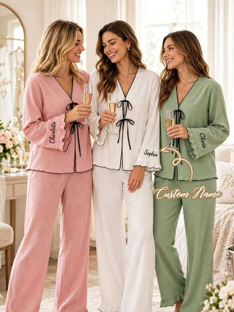 Personalized Bridesmaid Pajama Set, Custom Name Bow Tie PJs, Bridal Party Loungewear, Wedding Morning Pajamas, Bride Gift - Multicolor - View 1