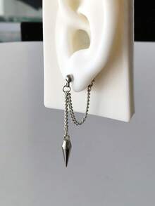 1 Pair Men's Full Stainless Steel Bullet Head Pendant Front & Back Style Chain Stud Earrings, Hypoallergenic Punk Style - Silver - View 7
