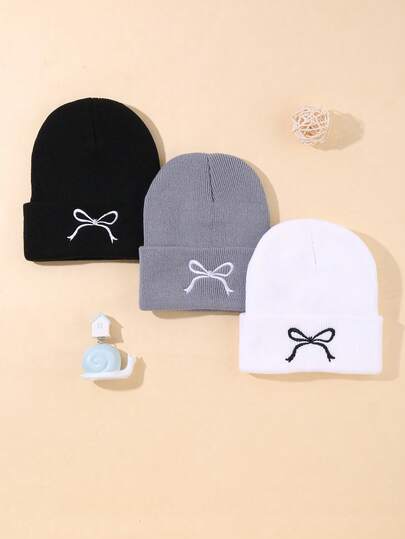 3pcs Set Cute Girls Embroidered Ribbon Bow Knitted Hat Soft Warm Folded Brim Beanie Suitable For Children Autumn Winter Daily Wear Essential Bowknot Knitted Hat Kids Knitted Hat Warm Hat Children Rimless Hat