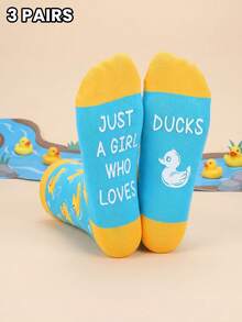 3/1 Pair Novelty Colorblock Little Yellow Duck Mid-Calf Socks With Letter Design On Sole, Soft Comfortable Street Style Printed Socks, Unisex - Multicolor - View 7